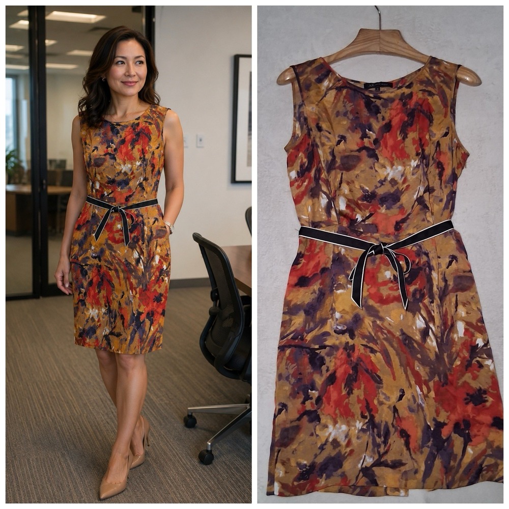 Vtg AK Anne Klein Chiffon Sheath Watercolor Art Dress Size 12 Sleeveless Belted